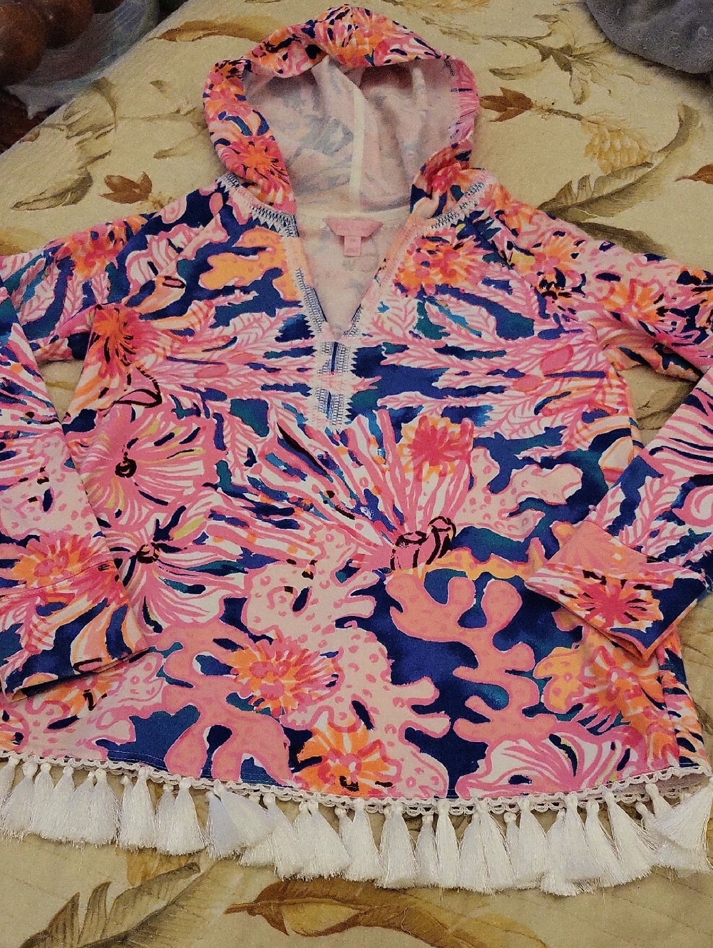 Lilly Pulitzer Pink & Blue Floral Hooded Tassel Tunic